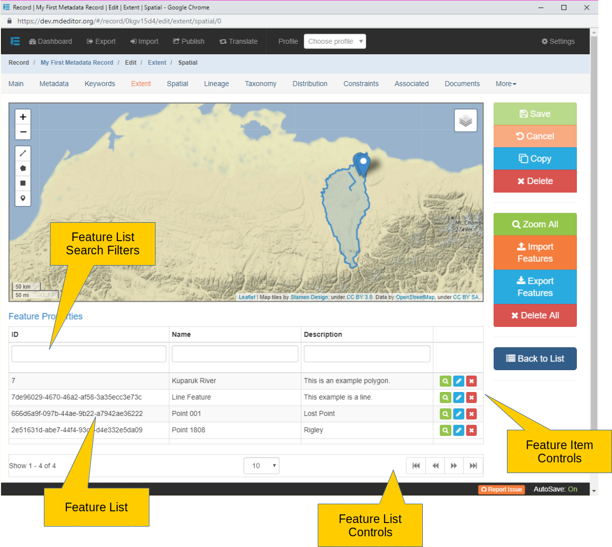 Geographic Extent Features Edit Window