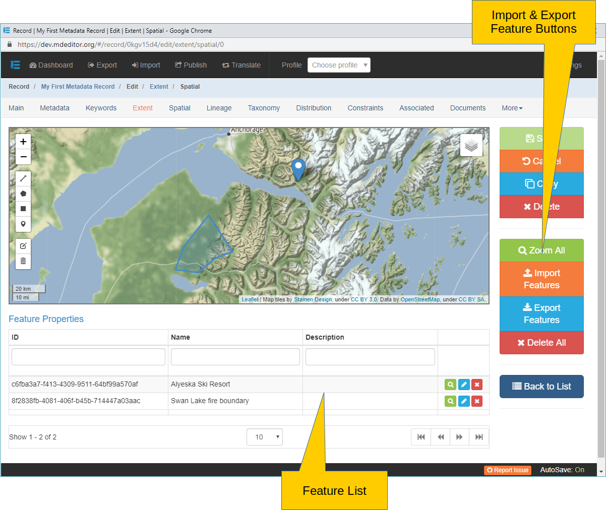 Geographic Extent Features Edit Window