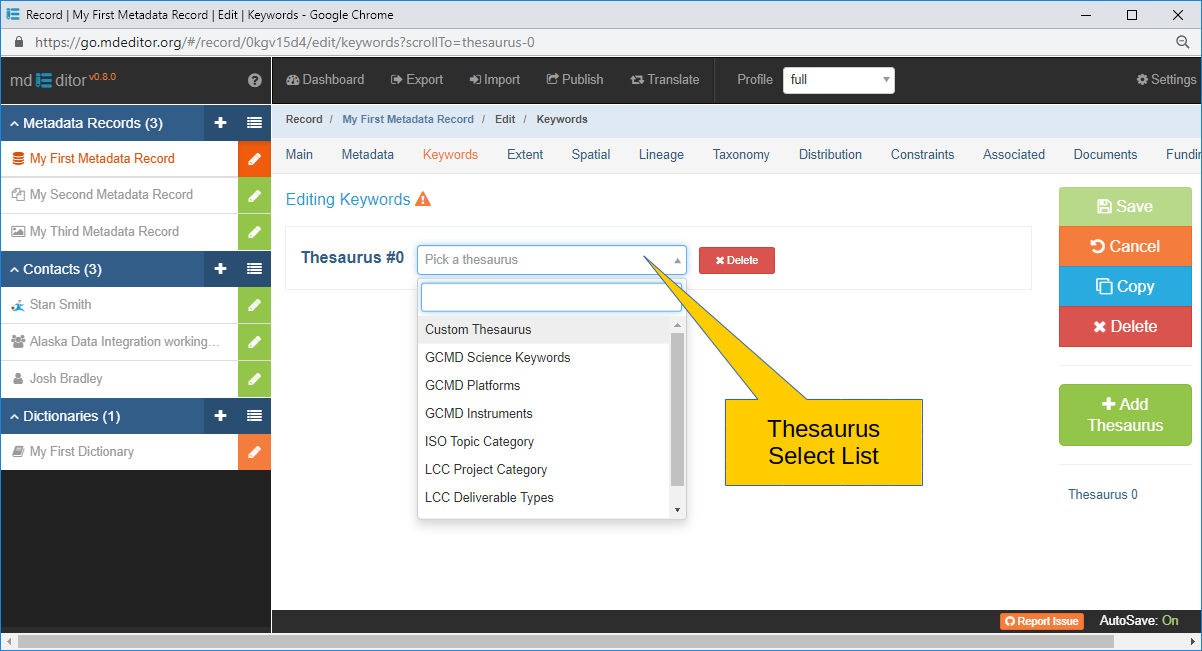 Predefined Thesaurus Pick List