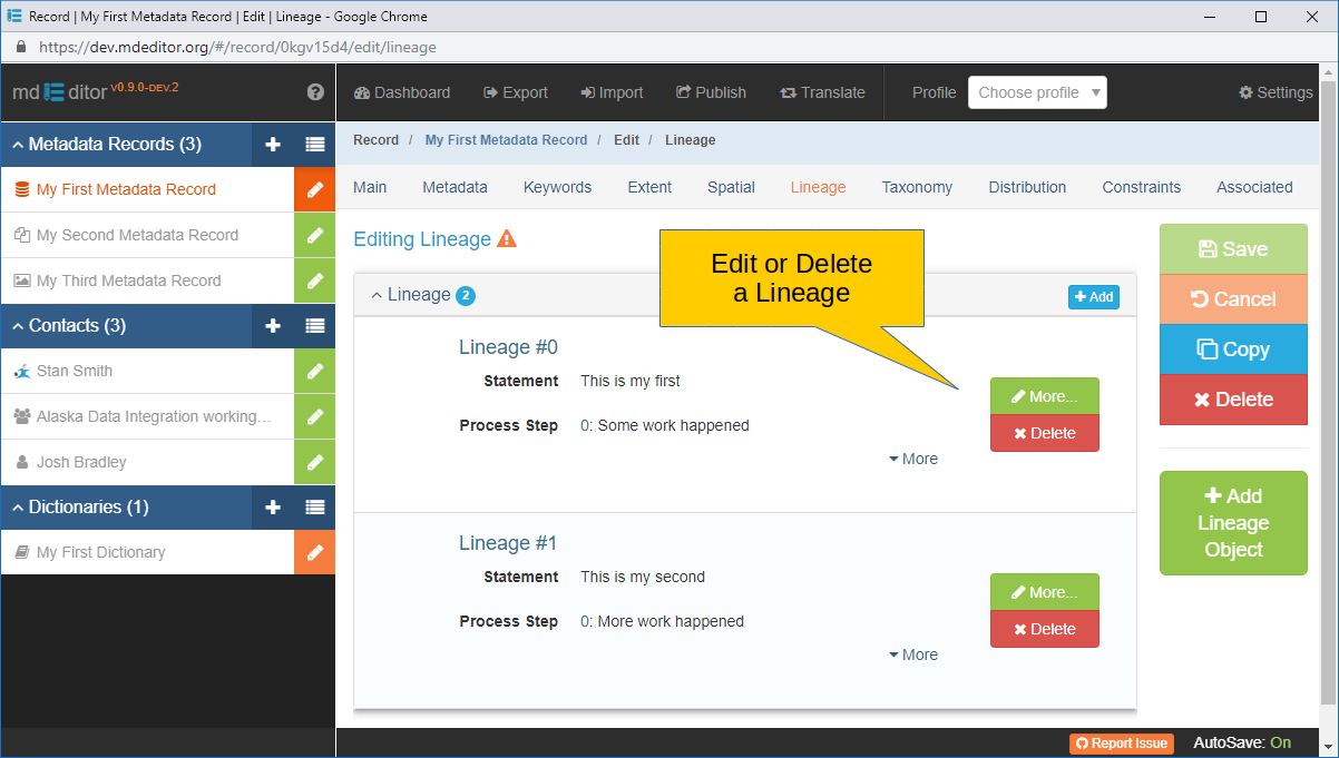 Lineage Section with one or more Lineage Defined