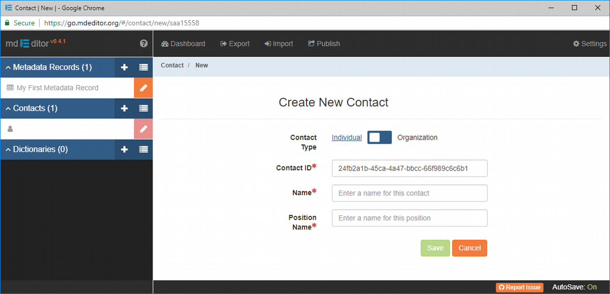 Create New Contact Window